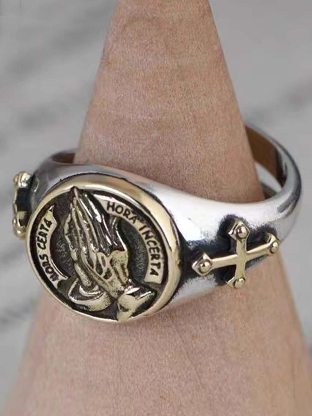 Antique Bronze Prayer Hands Cross Ring for Men Religious Symbol Statement Jewelry Fashion Accessory 