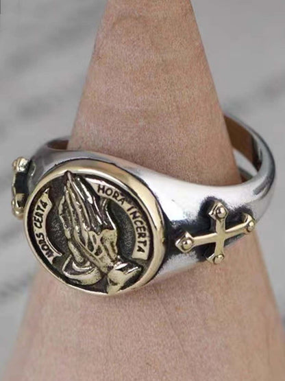 Antique Bronze Prayer Hands Cross Ring for Men Religious Symbol Statement Jewelry Fashion Accessory 