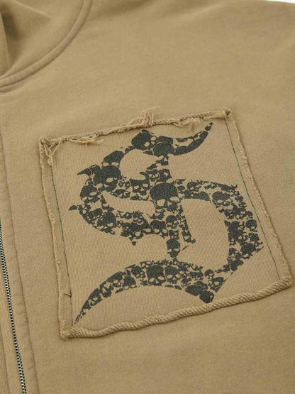 Cotton Blend Patchwork Bomber Jacket with Graphic Embroidery and Zipper Closure?