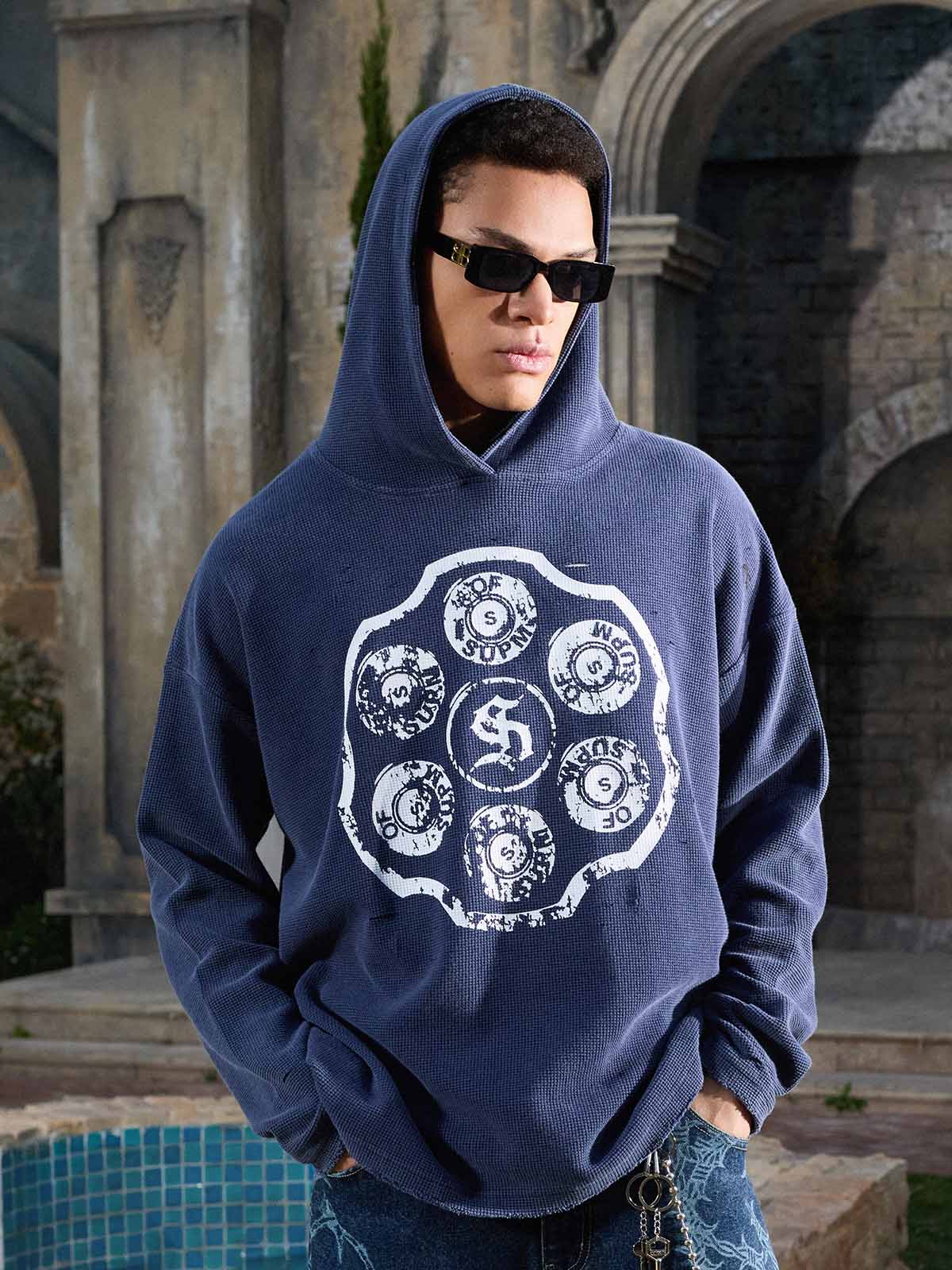 Supermade Waffle-Knit Distressed Button-Pattern Hoodie?