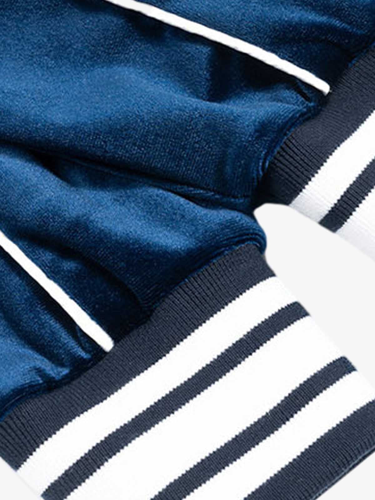 250G Velvet Track Jacket with White Stripe Trim - Unisex Sporty Bomber Coat for Casual Wear 