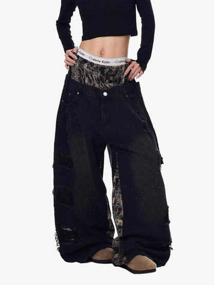 Denim Patchwork Wide Leg Pants with Drawstring Waist and Distressed Details 