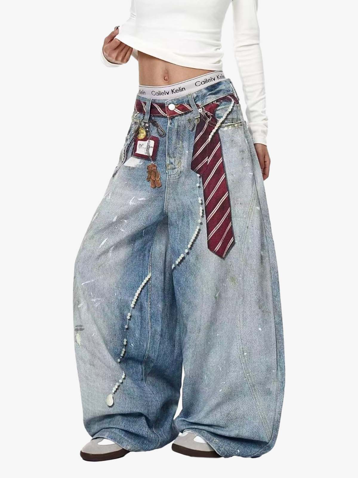 Denim Wide Leg Baggy Jeans with Tie and Pearl Chain Detail for Women Fashion Streetwear 
