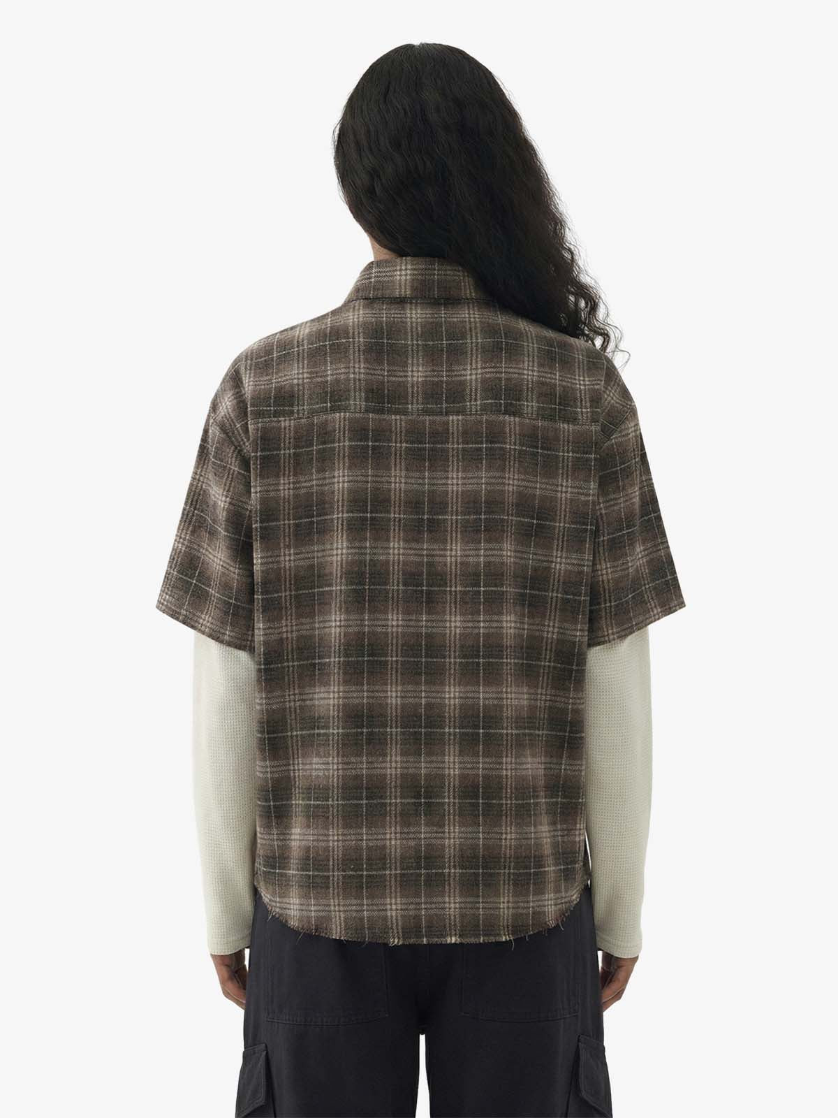 Cotton Street Distressed Plaid Faux Two-Piece Shirt