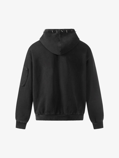 Cotton Blend Punk Style Hooded Zip-Up Sweatshirt with Studs and Pockets?