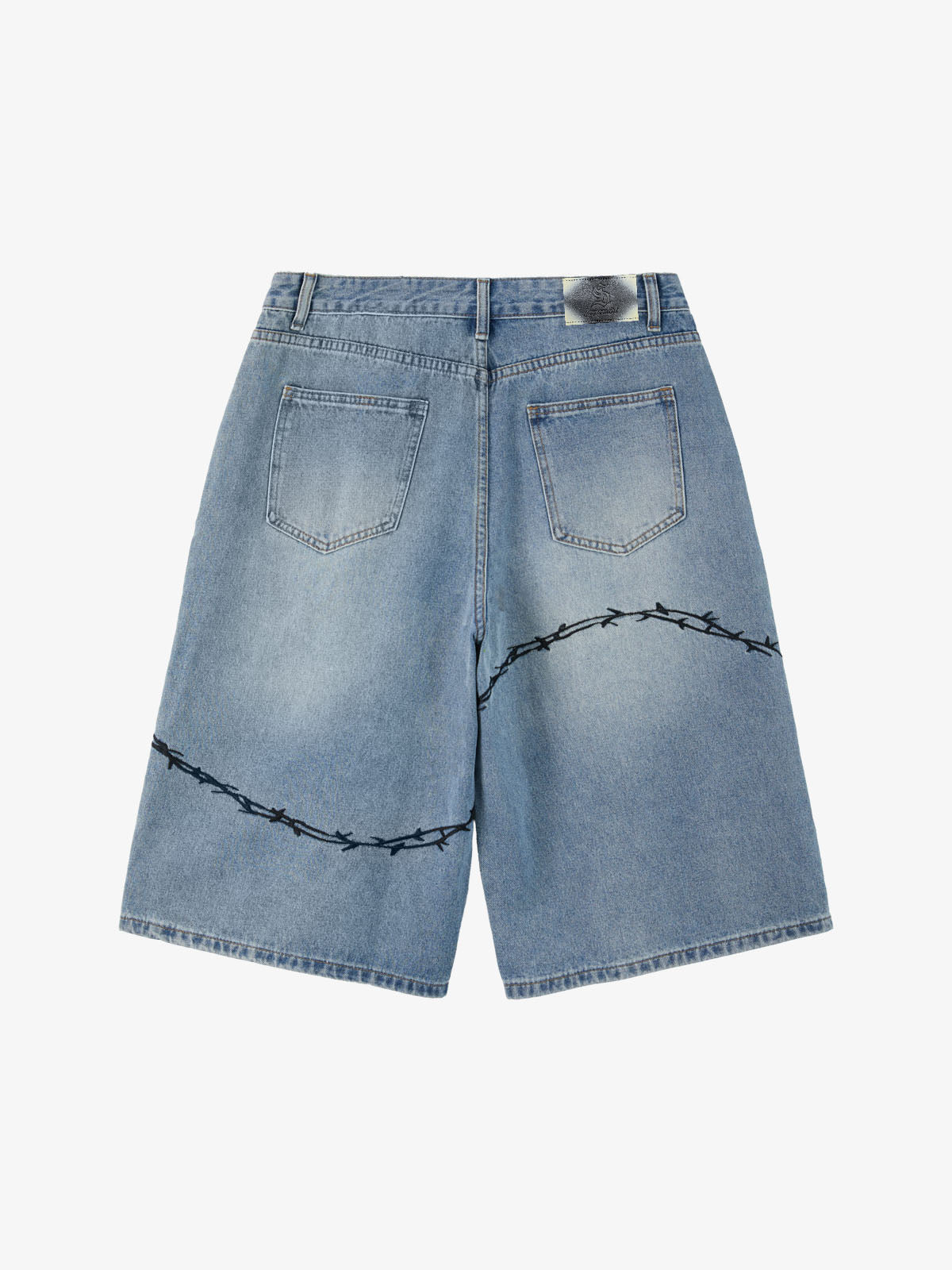 Denim Shorts with Barbed Wire Embroidery and Ripped Details for Men?