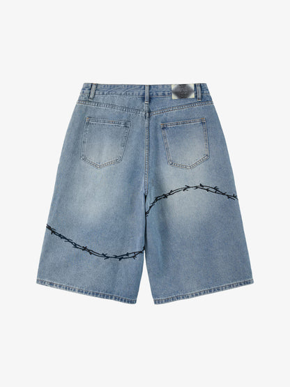Denim Shorts with Barbed Wire Embroidery and Ripped Details for Men?