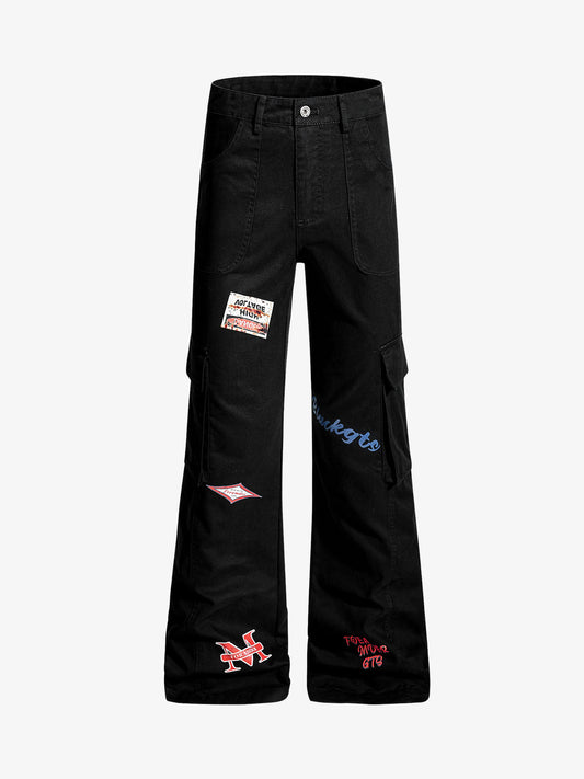 Retro Patchwork Graphic Multi-Pocket Flared Cargo Pants 
