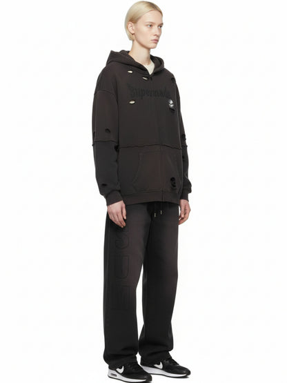 Original Washed & Ripped Skull Cardigan Cotton Hoodie Set