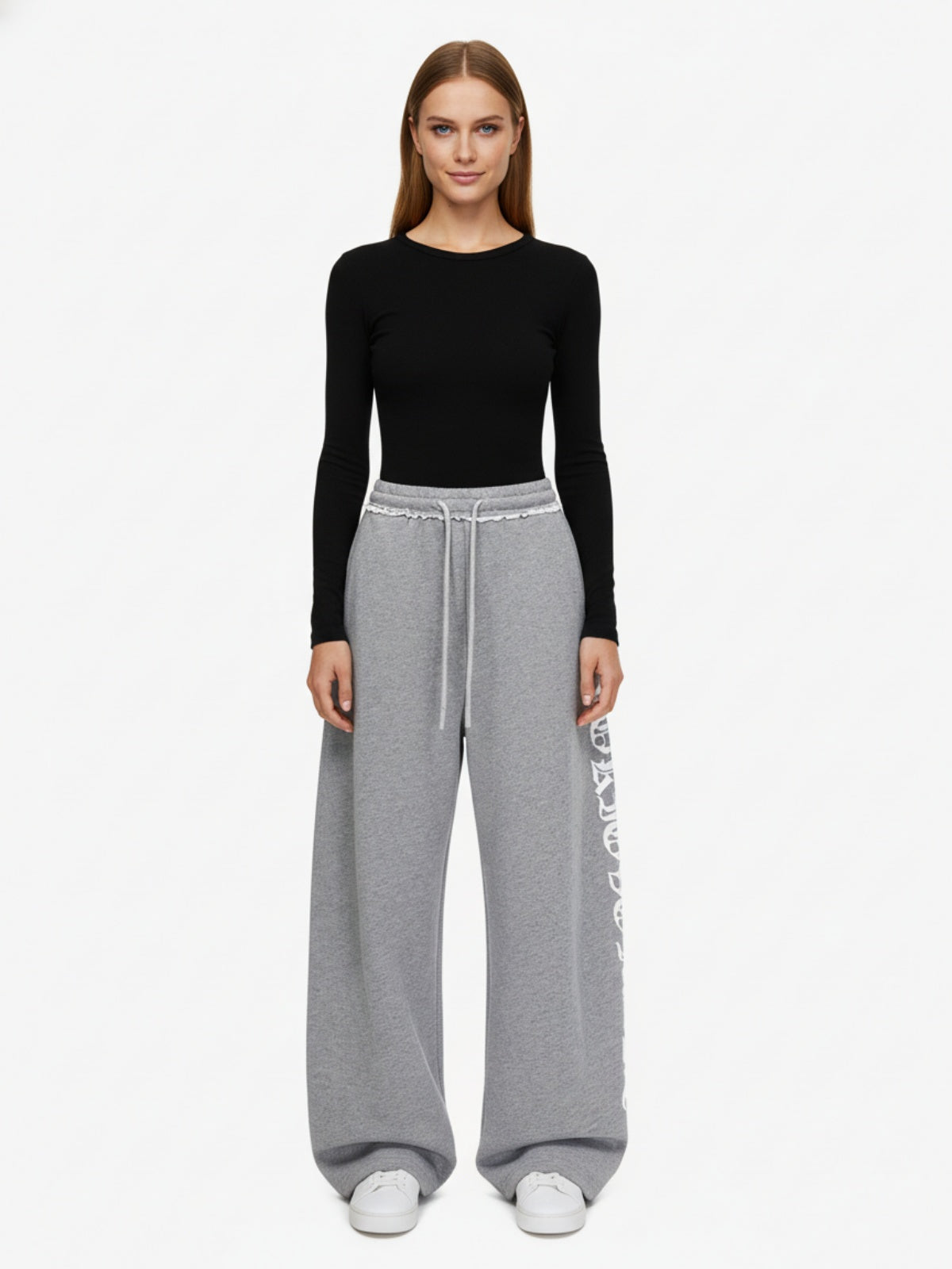 Retro Letter Print Drawstring Straight-Leg Wide Pants