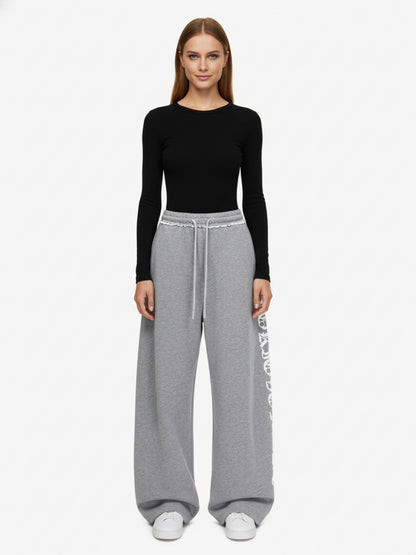 Retro Letter Print Drawstring Straight-Leg Wide Pants