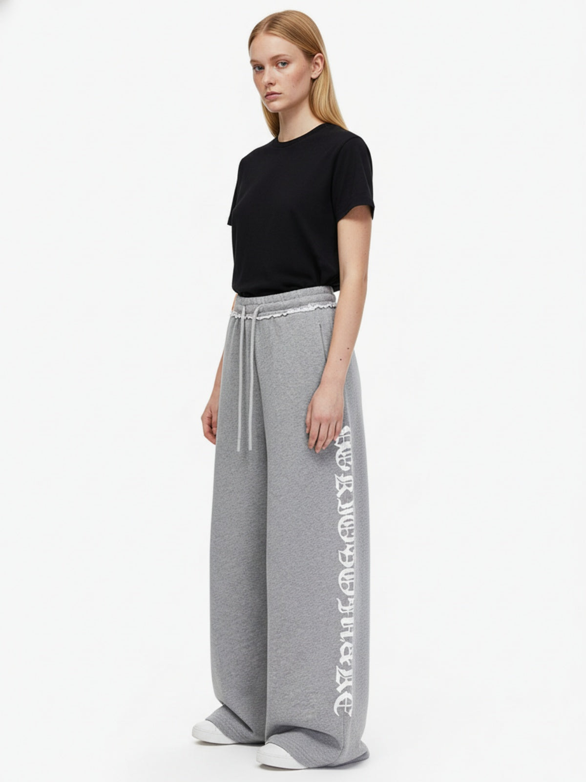Retro Letter Print Drawstring Straight-Leg Wide Pants