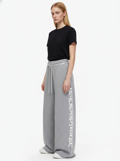 Retro Letter Print Drawstring Straight-Leg Wide Pants