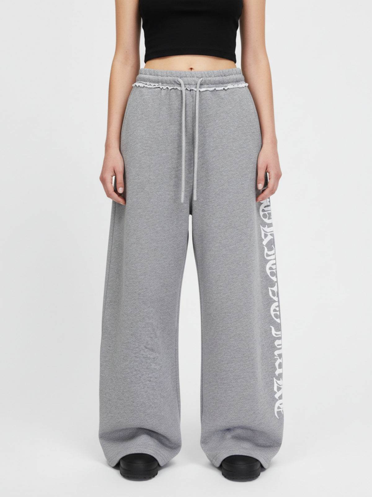 Retro Letter Print Drawstring Straight-Leg Wide Pants