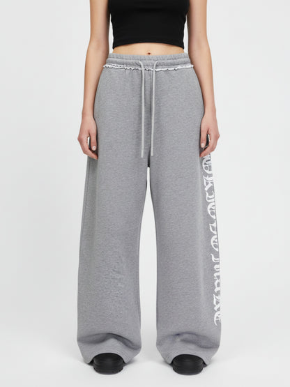Retro Letter Print Drawstring Straight-Leg Wide Pants