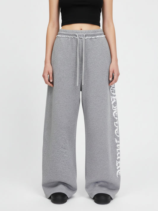 Retro Letter Print Drawstring Straight-Leg Wide Pants