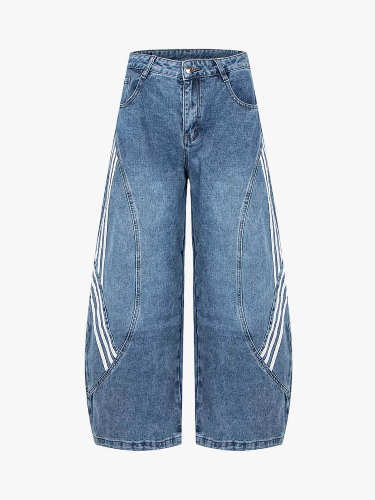 Denim Wide Leg Cropped Pants with White Stripe Design High Waist Fashion Trousers for Women 