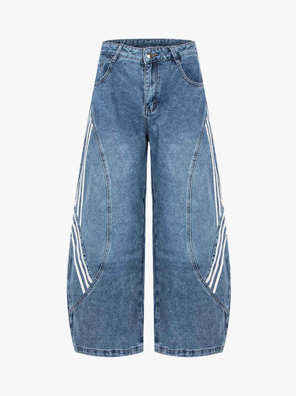 Denim Wide Leg Cropped Pants with White Stripe Design High Waist Fashion Trousers for Women 