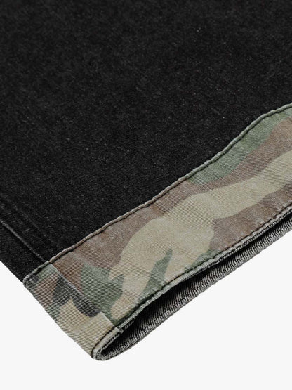 Distressed Camo-Trimmed Denim Trousers with Adjustable Waist 