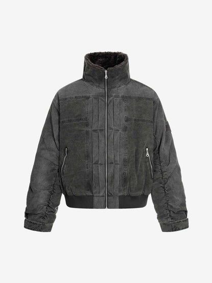 Vintage Distressed Pleated Shearling Collar Fleece Jacket