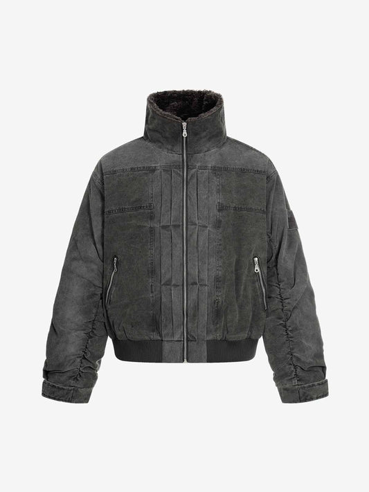 Vintage Distressed Pleated Shearling Collar Fleece Jacket