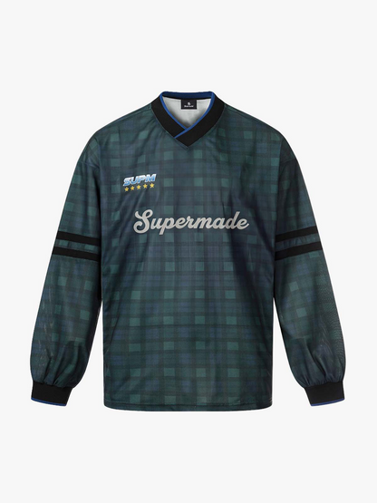 Polyester Long Sleeve Plaid Football Jersey with V-Neck and Team Logo Design?