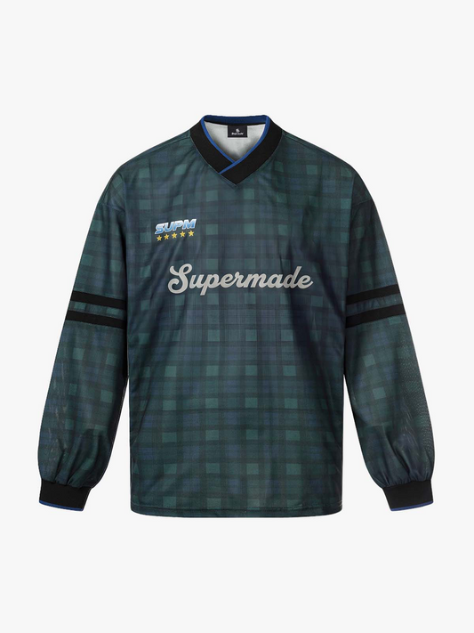 Polyester Long Sleeve Plaid Football Jersey with V-Neck and Team Logo Design?