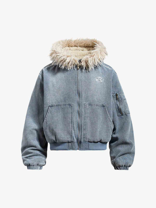 Washed Embroidered Fur-Lined Denim Bomber Jacket