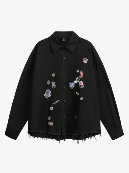 Stylish White Button-Up Shirt with Unique Patch Design for Casual and Trendy Looks?