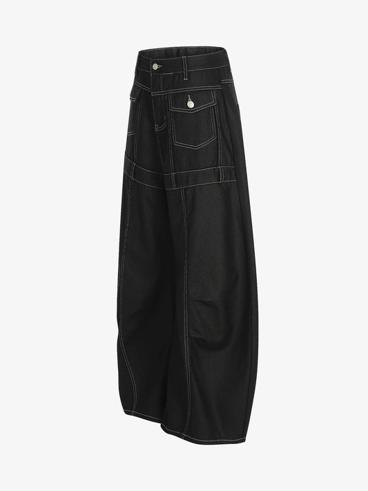 Contrast Stitch High-Waist Wide-Leg Barrel Jeans 