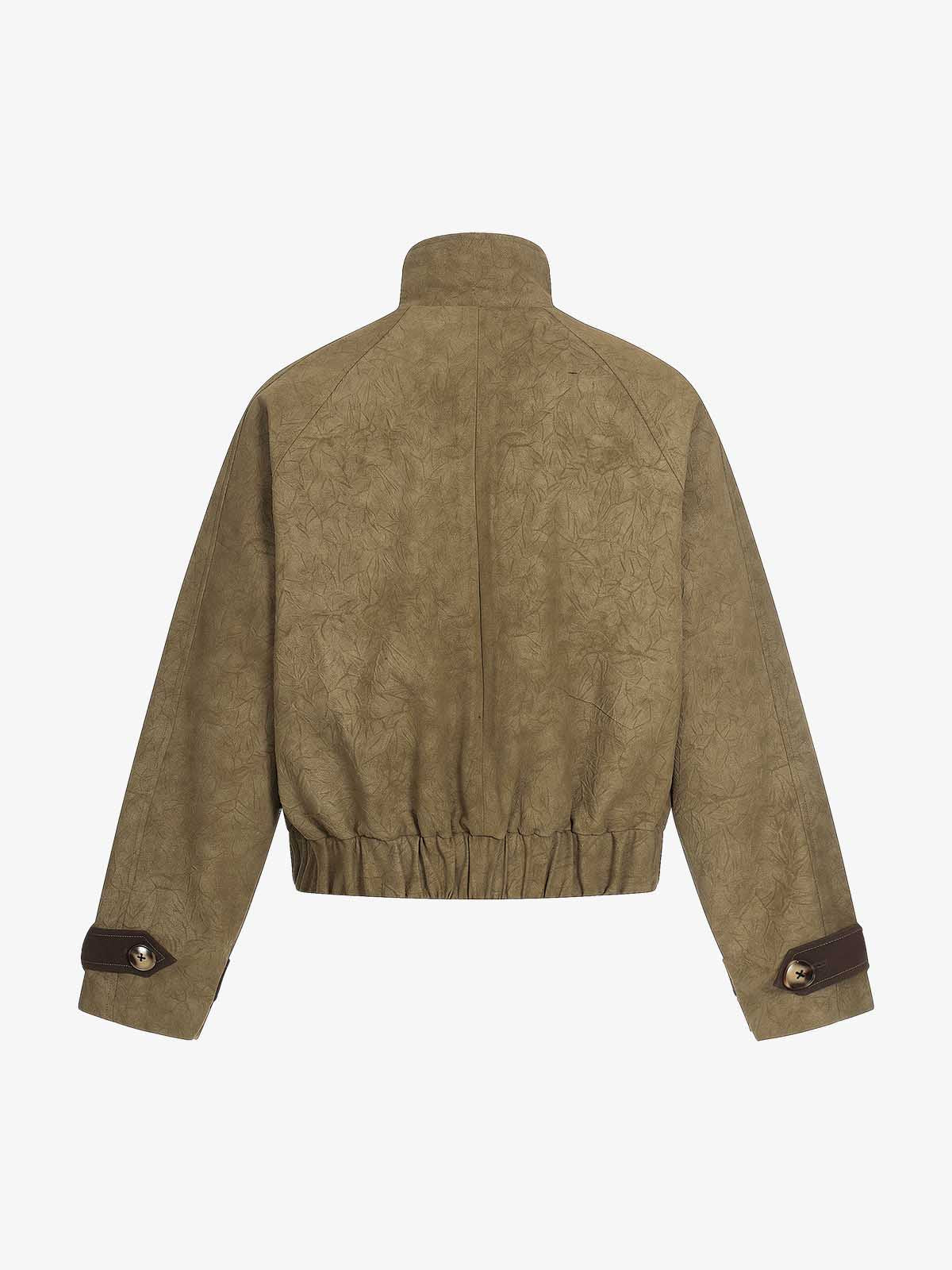 Textured Faux Leather Stand Collar Metal Buckle Jacket