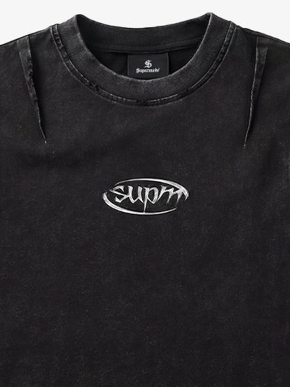 Cotton Blend Oversized T-Shirt with Distressed Denim Panels and Minimalist Logo Design?