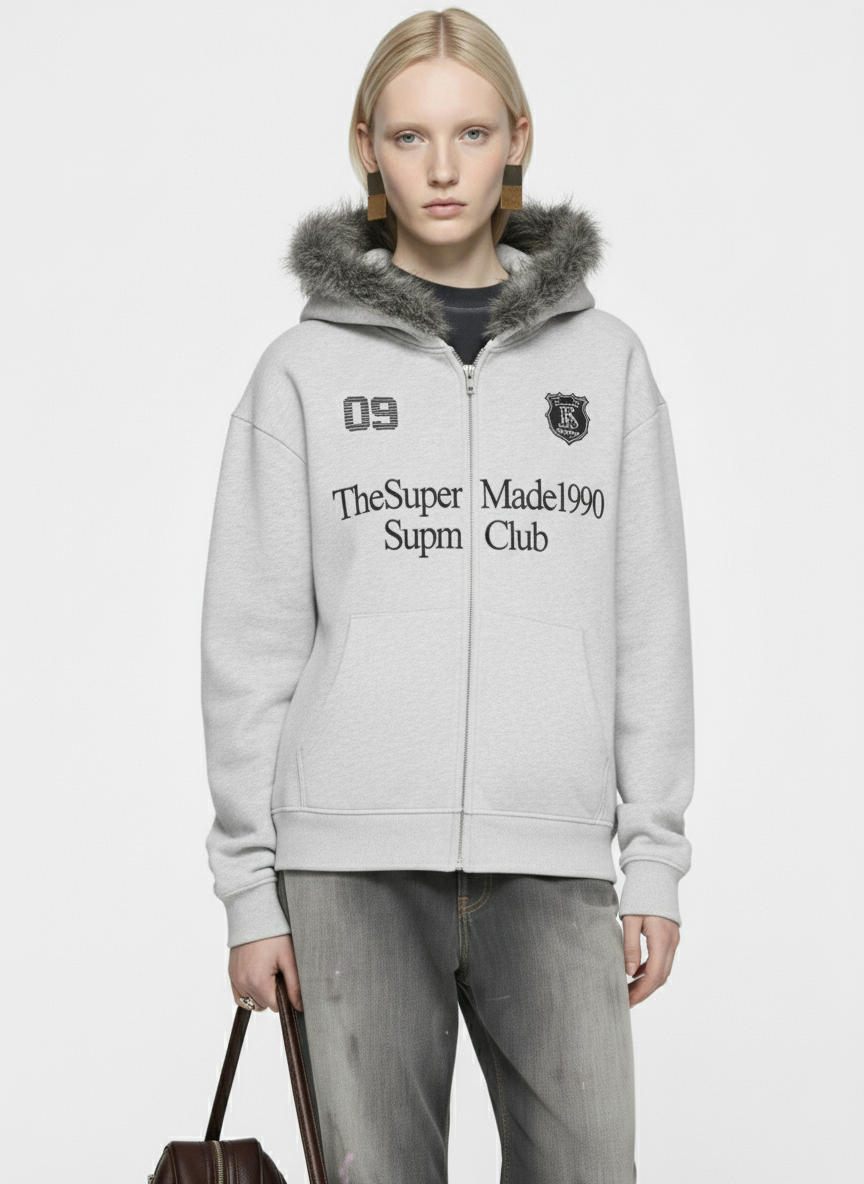 Letter Medal Embroidered Cardigan Fur Collar Hooded Sweatshirt - 2502