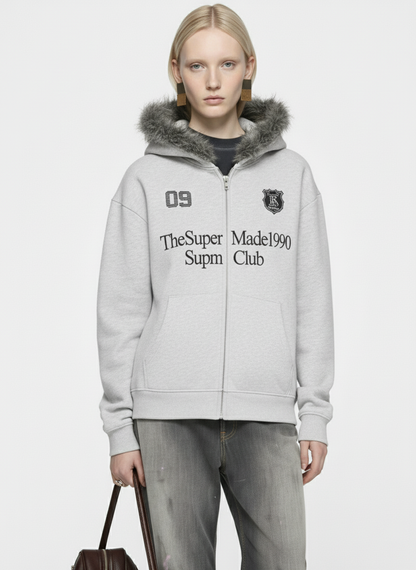 Letter Medal Embroidered Cardigan Fur Collar Hooded Sweatshirt - 2502