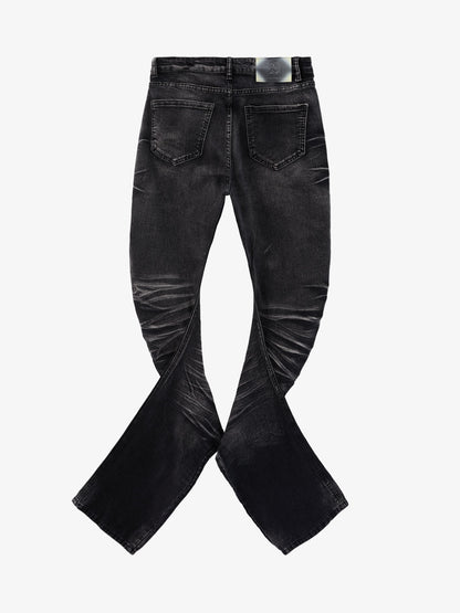 Black Denim Flared Jeans with Button Front High Waist Design?