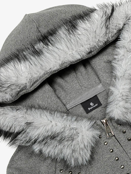 Studded Detachable Fur Hooded Jacket