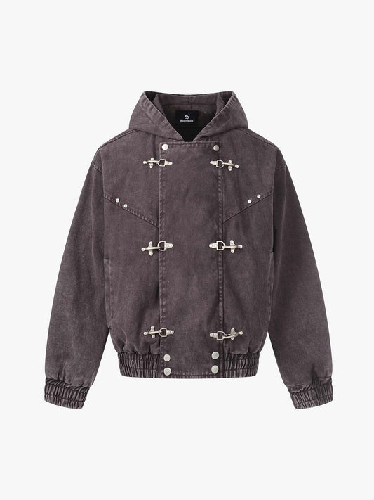 Washed Cotton Hooded Duffle Jacket with Metal Snap Buttons and Ribbed Hem 