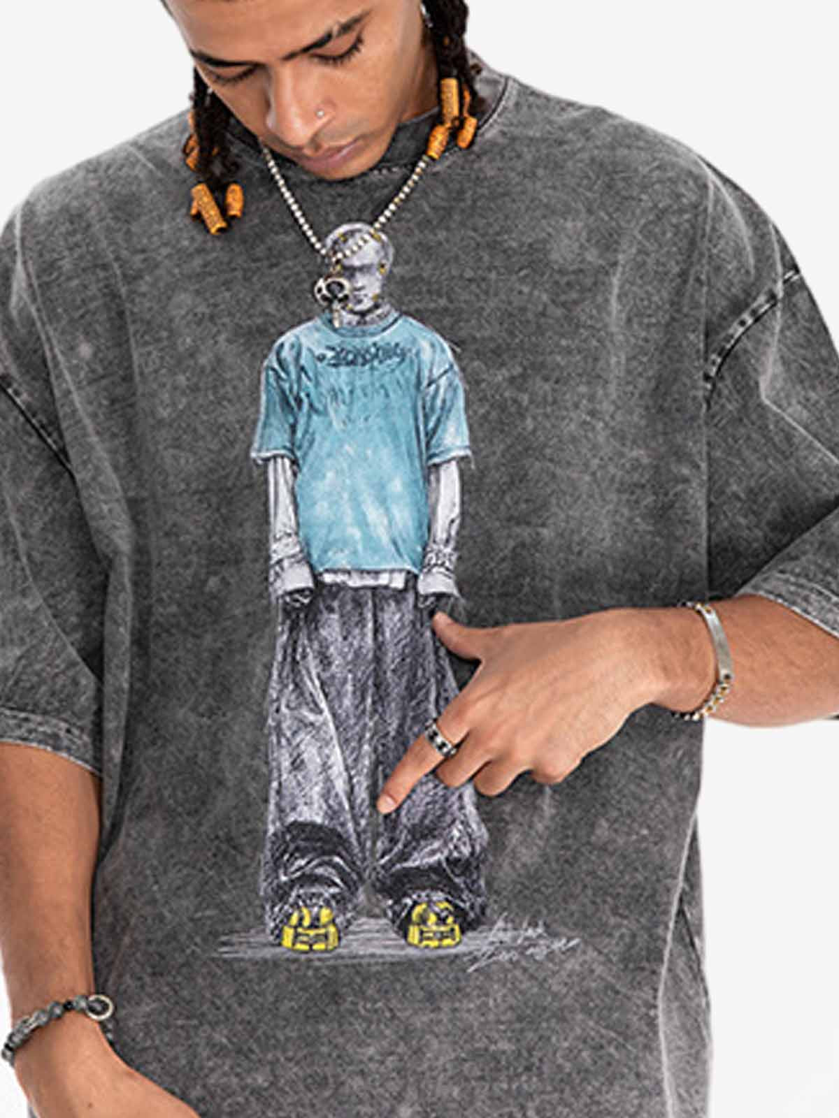 300G Jade Pattern Dyed Cotton Oversized T-Shirt with Skeleton Graphic Print Streetwear?