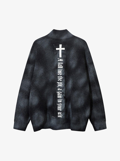 Ribbed Knit Dirty Dyed Embroidery Cross Sweater 