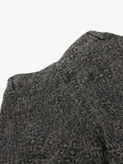 Cotton Leopard Print High-Waisted Wide-Leg Pants with Pleated Design and Decorative Tassel 