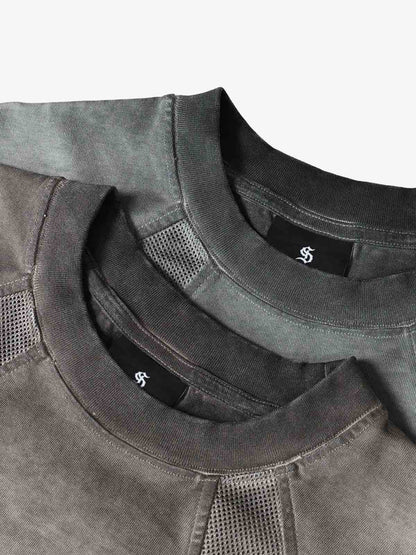 Cotton Blend Oversized Mesh Panel T-Shirt with Crew Neck?