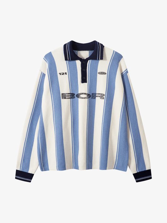 Retro Striped Polo Collar Sports Jersey Knit Sweater 