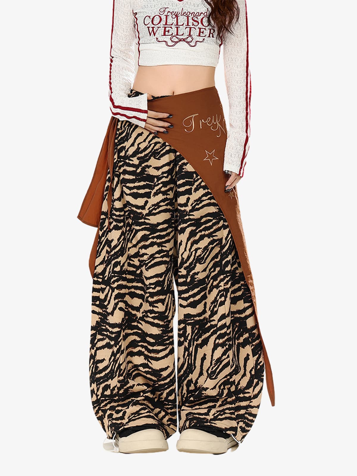 Retro Zebra Print Asymmetric Draped Patchwork Barrel Pants 
