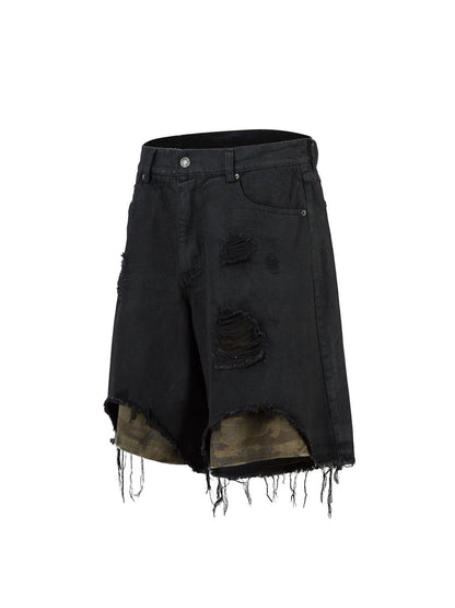 Distressed Ripped Black Denim Shorts 