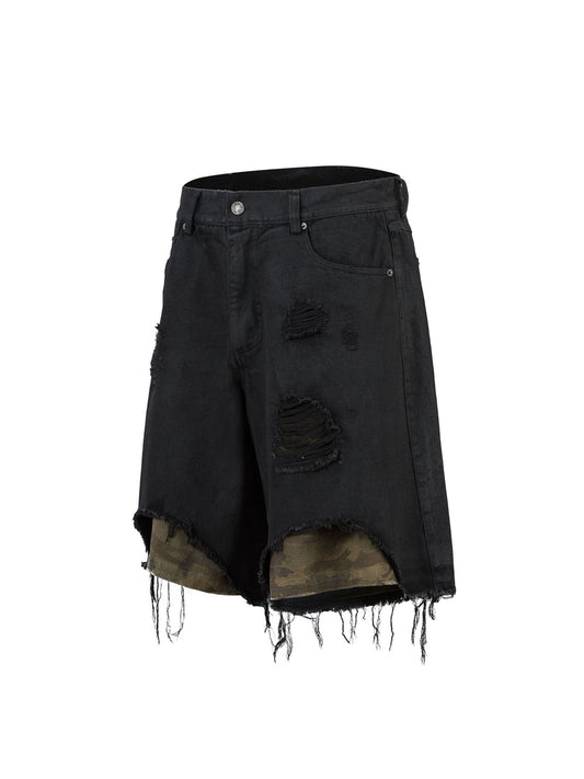 Distressed Ripped Black Denim Shorts 