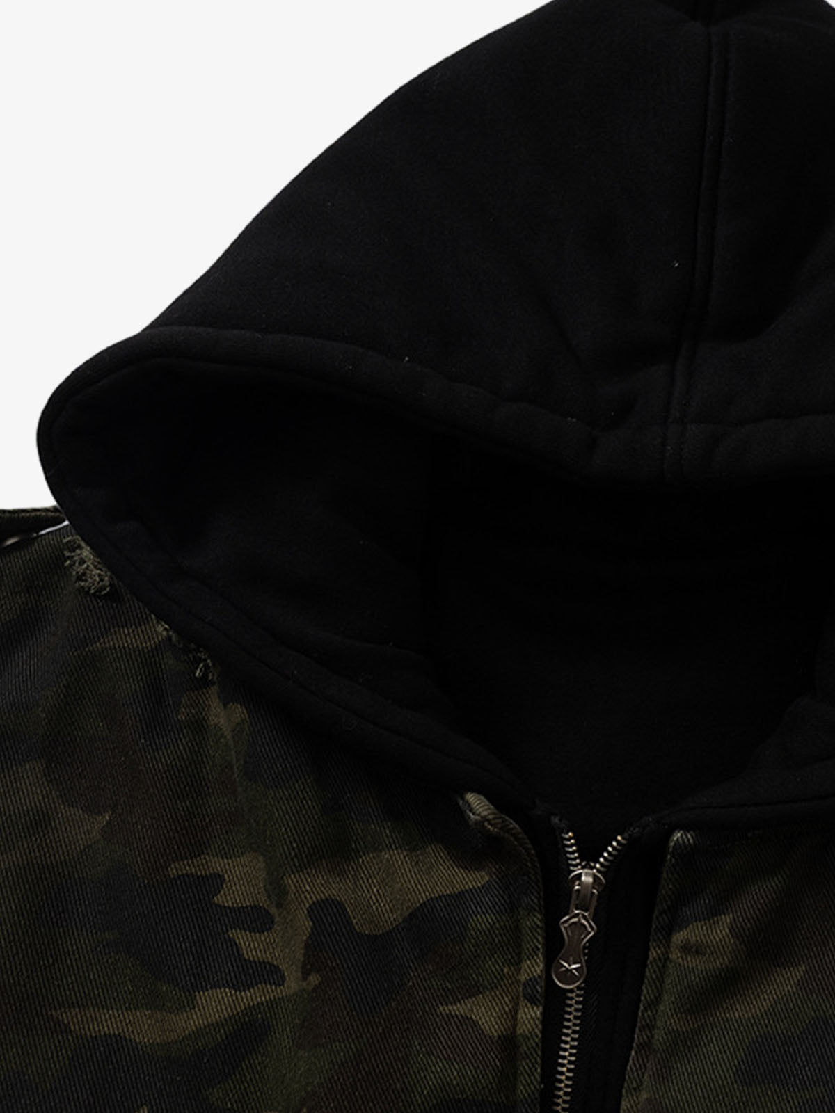 Camouflage Hooded Jacket with Distressed Details and Toggle Closure 