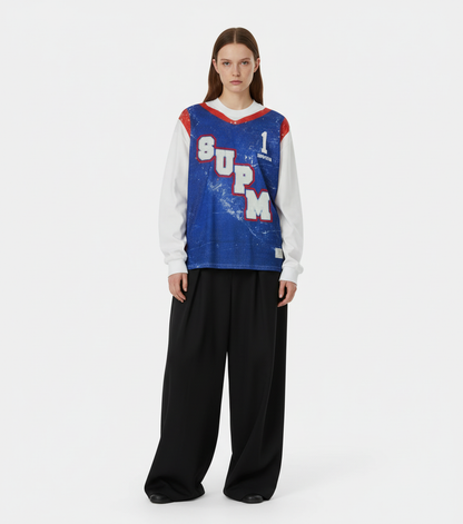 Vintage Jersey-Style Faux Two-Piece Design Long Sleeve T-Shirt