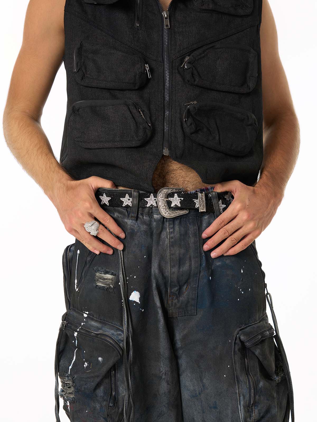 Distressed Cargo Denim Pants with Star Belt - Perfect for Edgy Street Style 