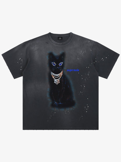 Cotton Black Cat Graphic T-Shirt with Chain Print and Splatter Design?