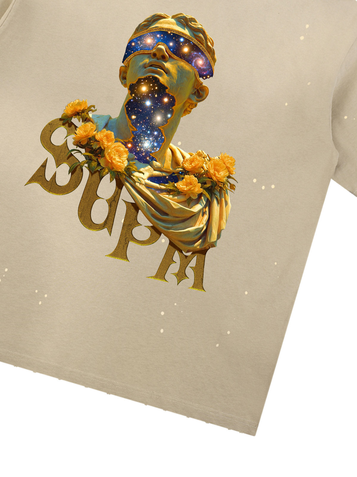 THE SUPERMADE-Wash and splash ink Galaxy Art Print T-Shirt with Cosmic Statue Design for Men and Women?